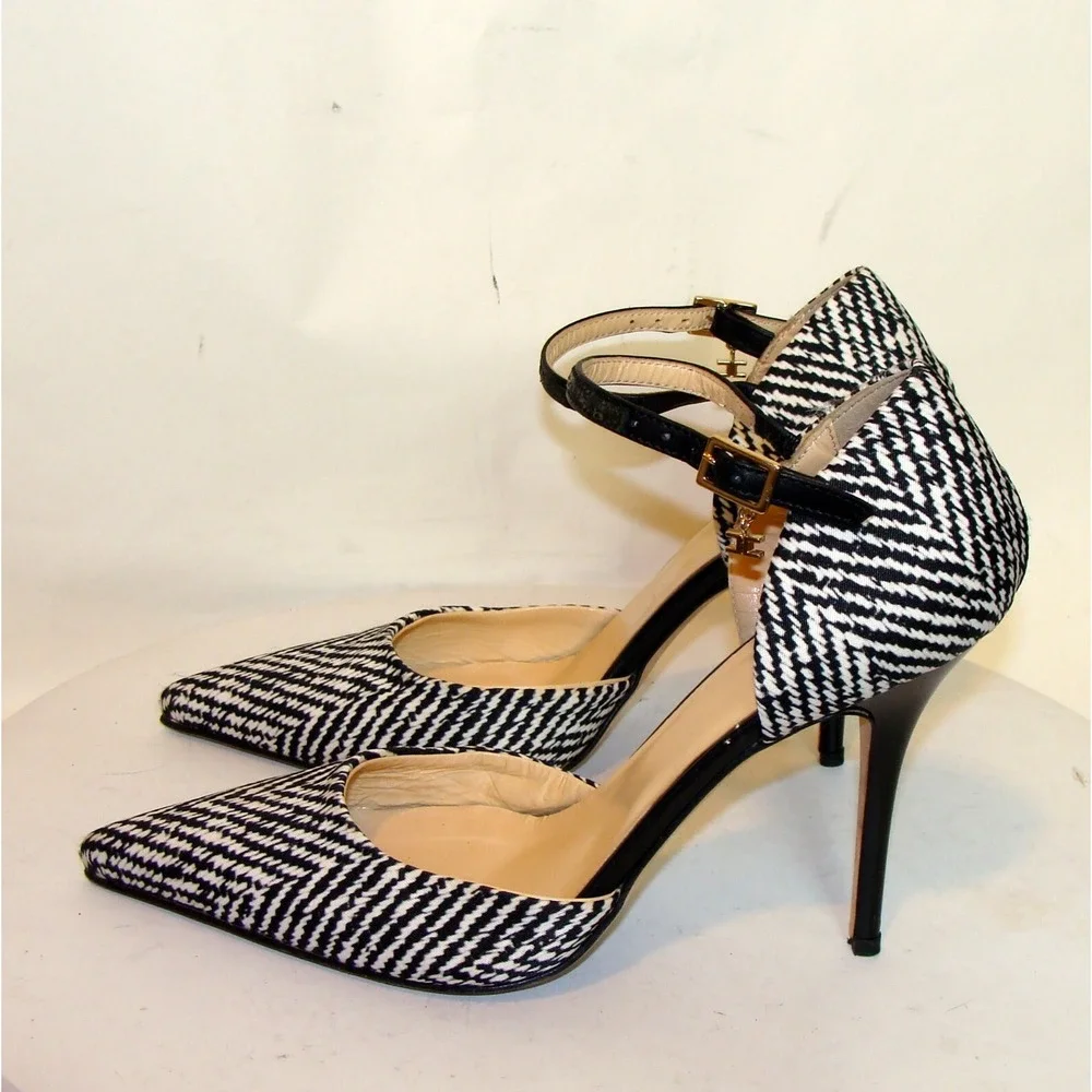 ELISABETTA FRANCHI BLACK WHITE ANKLE STRAP SHOES HEELS SIZE 37.5 / 7.5 US C133